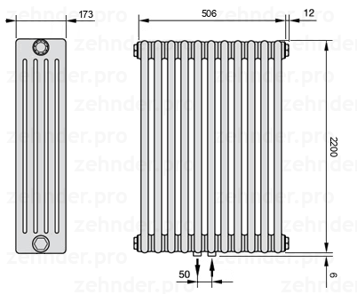 Схема (чертеж) Радиатор Zehnder Charleston 5220/11 №5410 Белый глянцевый RAL 9016